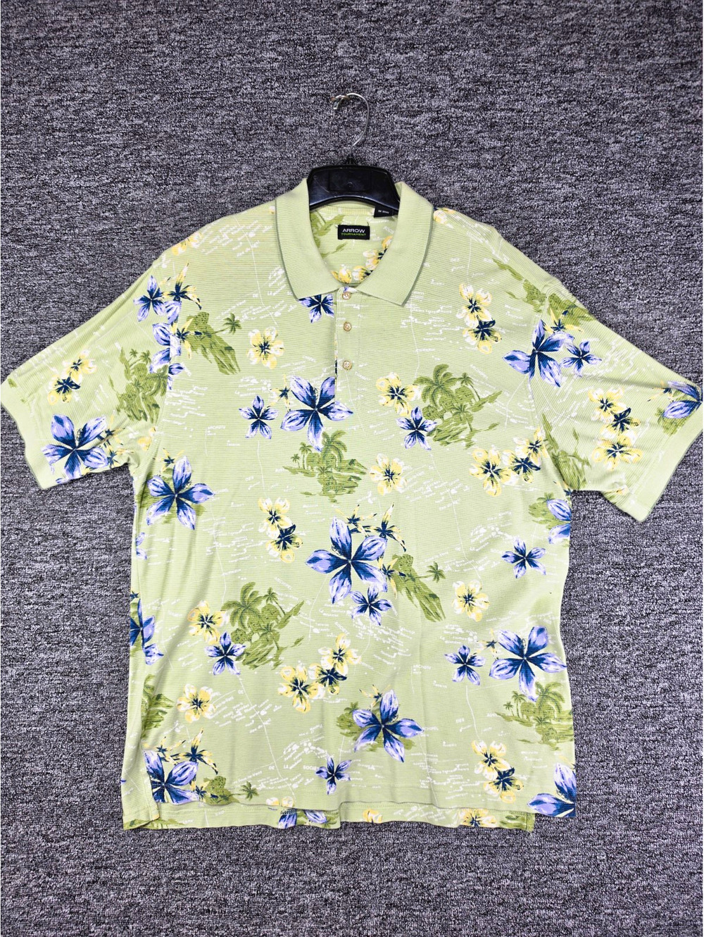 Arrow Green/Blue/Yellow Tropical Floral Polo Shirt SS Men’s XL Cotton Rayon